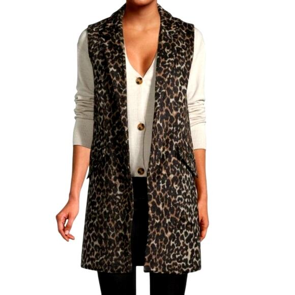 Dolce Cabo Women's XSmall Brown Leopard Print Long Line Fleece Sleeveless Vest - Picture 1 of 11